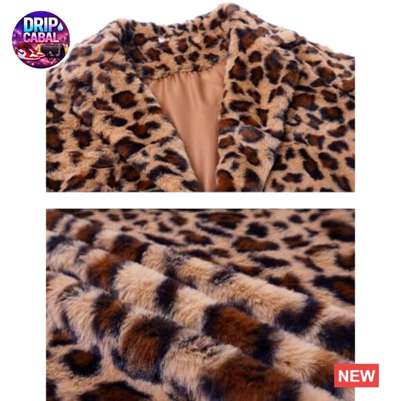 Faux Fur Jacket Leopard Print Oversized Chic Winter Coat with Pockets - Picture 6 of 7